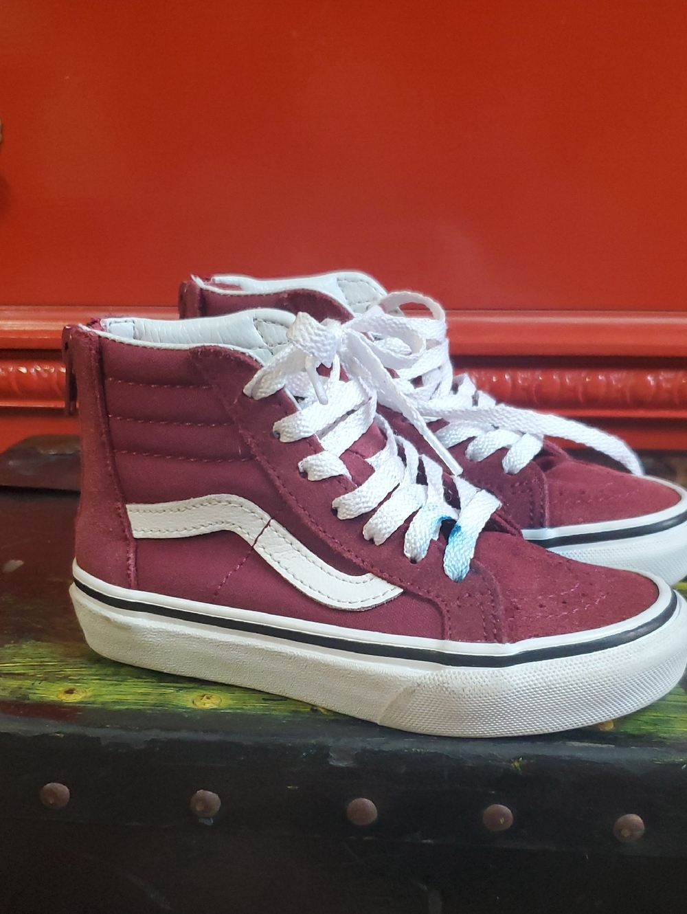 Vans Sk8 High Top Sneakers - Maroon & White Kids Size 10.5